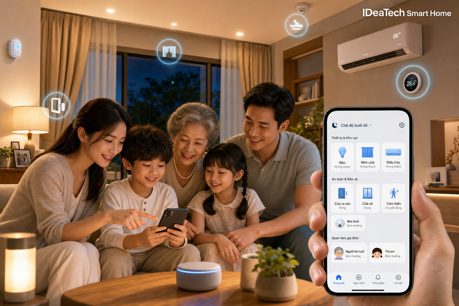 Gia đình dùng checklist kịch bản đèn rèm điều hòa và an toàn trong nhà thông minh