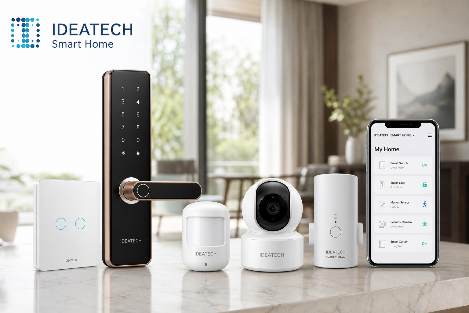 Bộ thiết bị smarthome gồm công tắc, khóa cửa, cảm biến, camera và điều khiển rèm