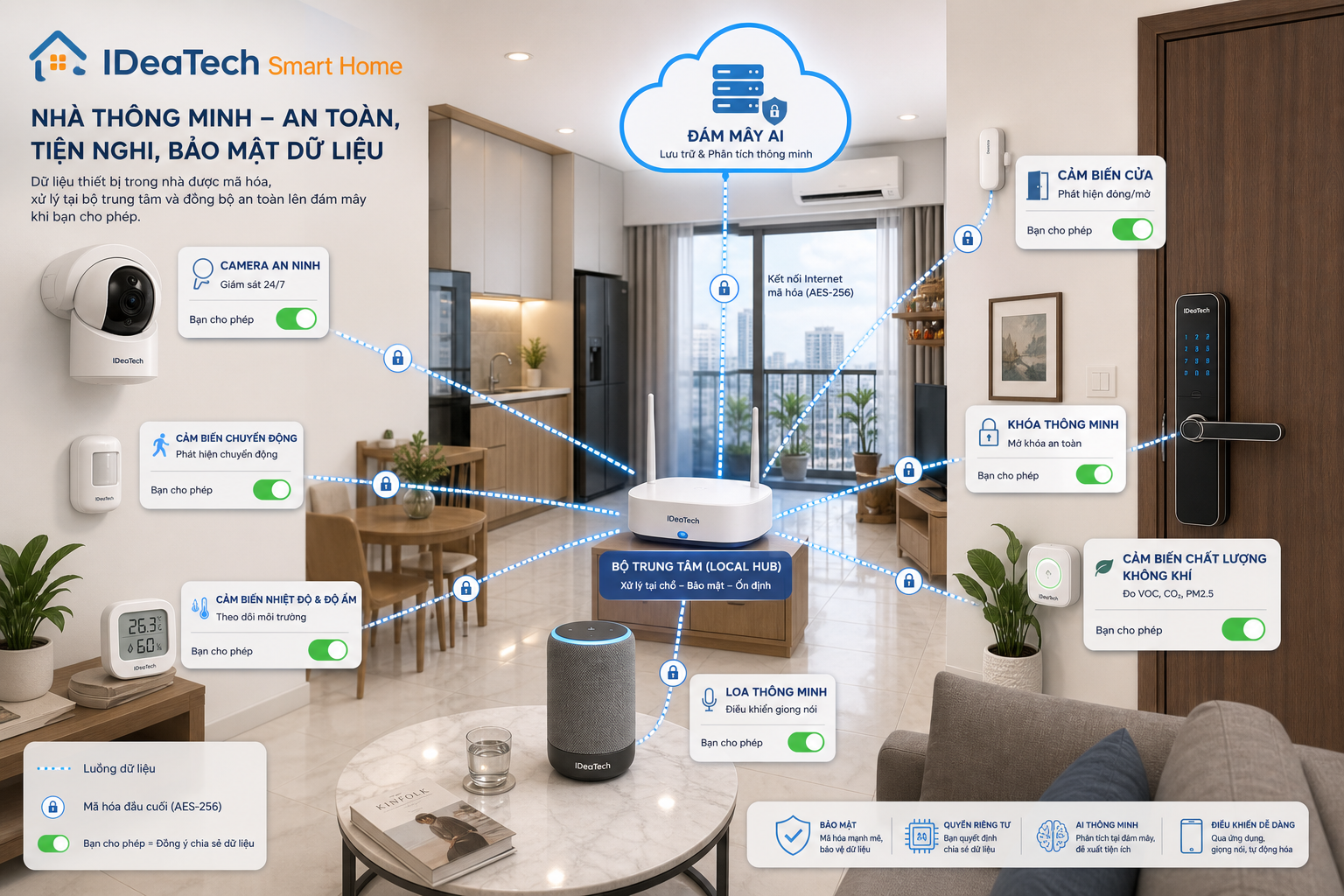 Dòng dữ liệu giữa thiết bị AI smart home hub nội bộ và cloud
