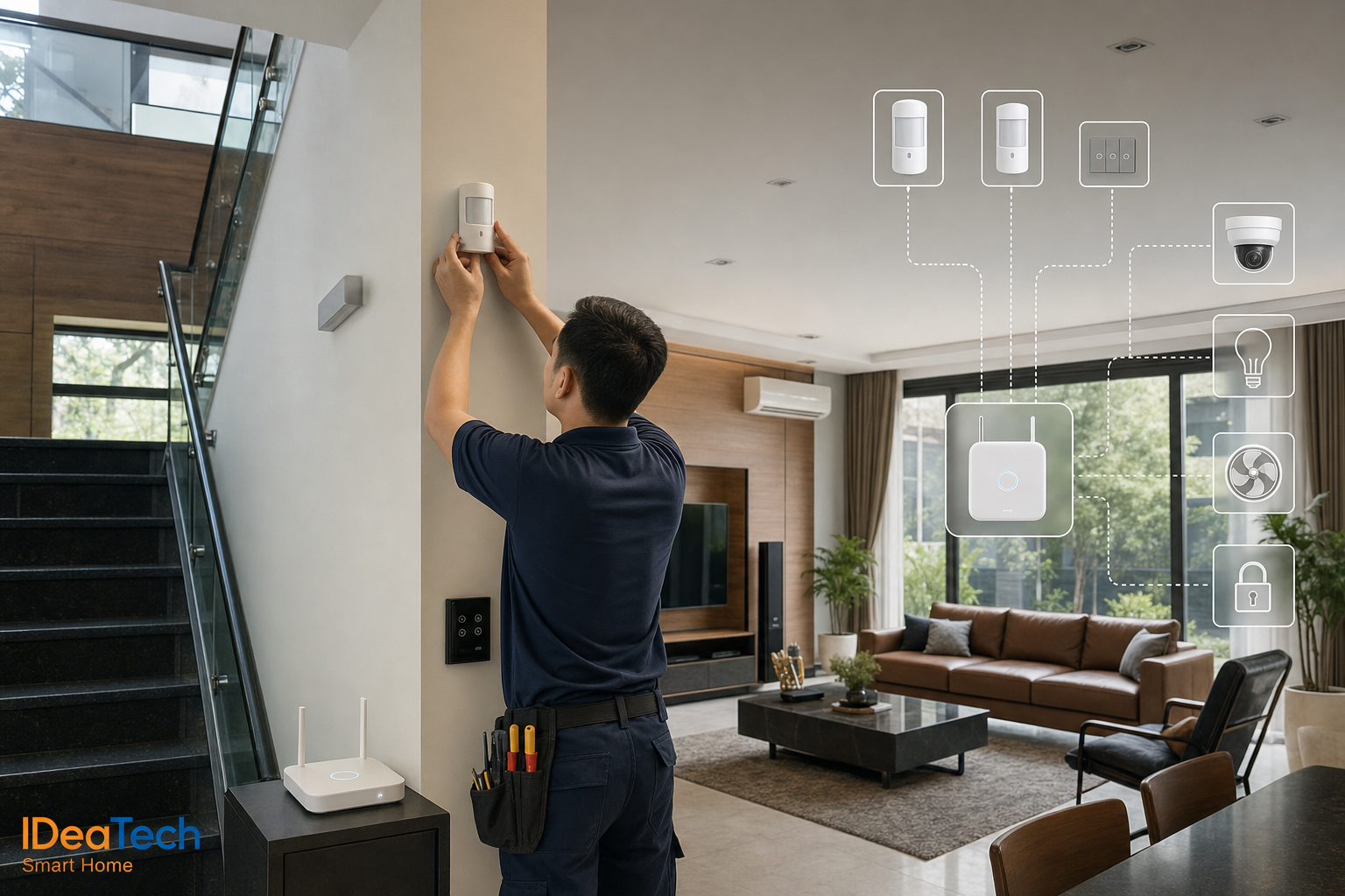 Kỹ thuật viên bố trí cảm biến thông minh trong nhà phố để giảm lỗi kích hoạt nhầm