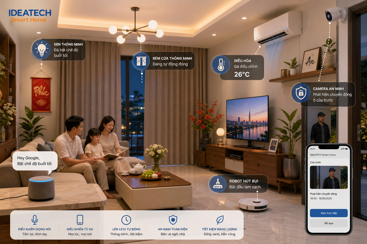 Kịch bản trợ lý ảo điều khiển đèn rèm điều hòa robot hút bụi và an ninh