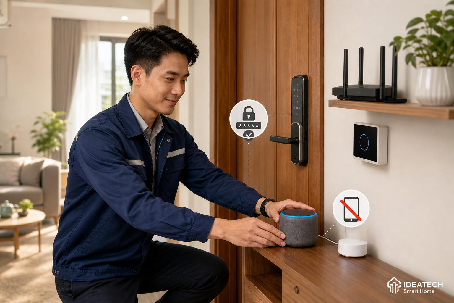Kỹ thuật viên cấu hình vị trí loa thông minh và xác nhận an toàn cho khóa cửa Kỹ thuật viên cấu hình vị trí loa thông minh và xác nhận an toàn cho khóa cửa
