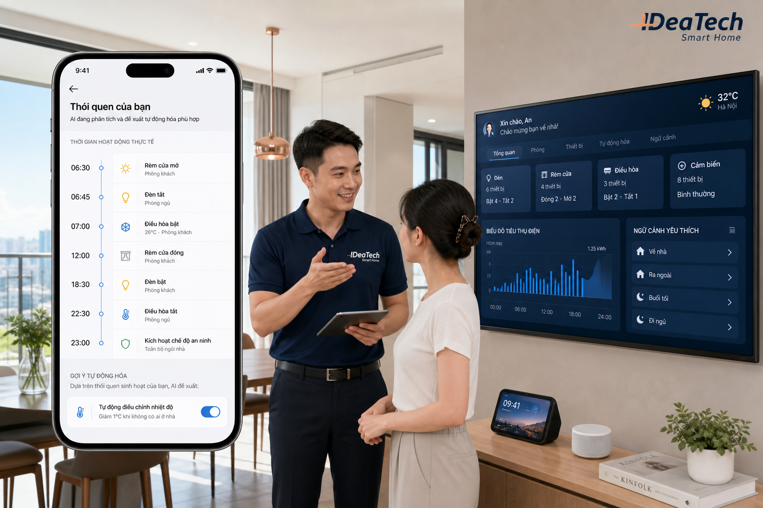 Bảng điều khiển AI smart home phân tích lịch sử sử dụng thiết bị Bảng điều khiển AI smart home phân tích lịch sử sử dụng thiết bị
