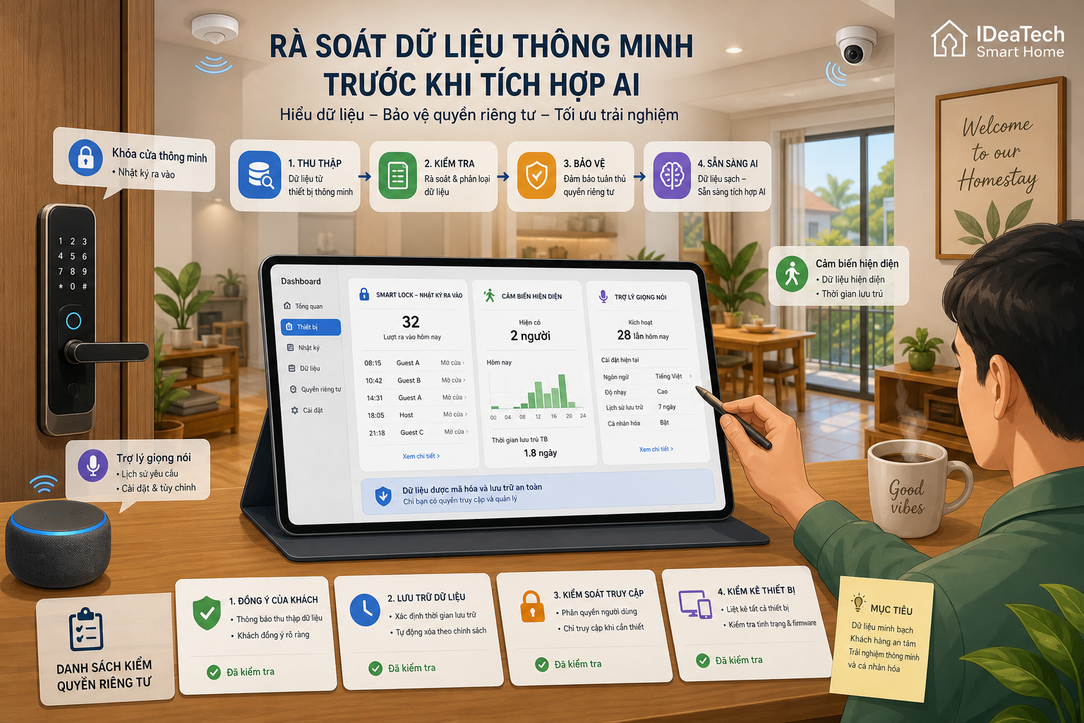 Chủ homestay rà soát dữ liệu khóa cửa, cảm biến và trợ lý giọng nói
