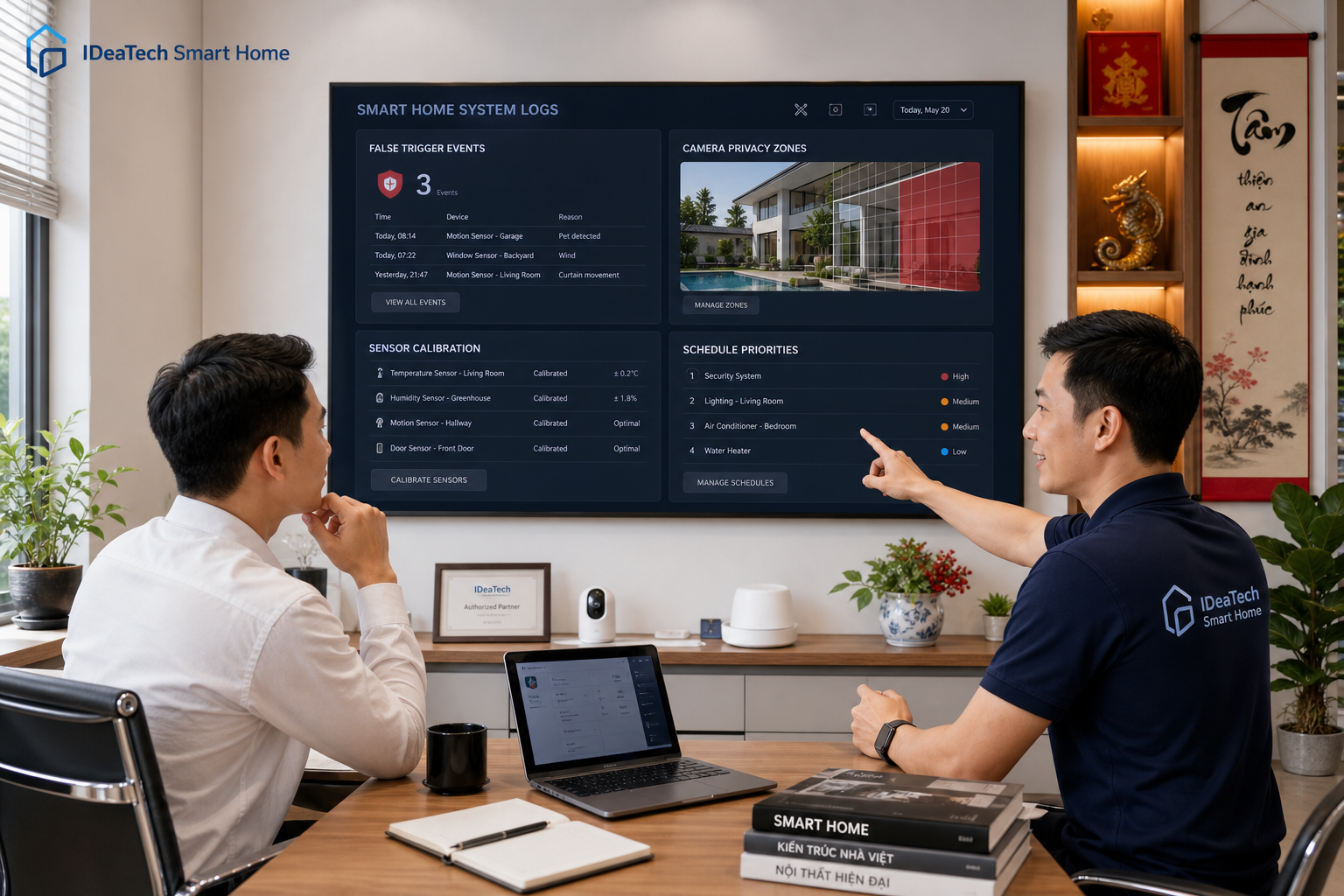 Chủ văn phòng nhỏ cùng kỹ thuật viên kiểm tra log tự động hóa và vùng riêng tư
