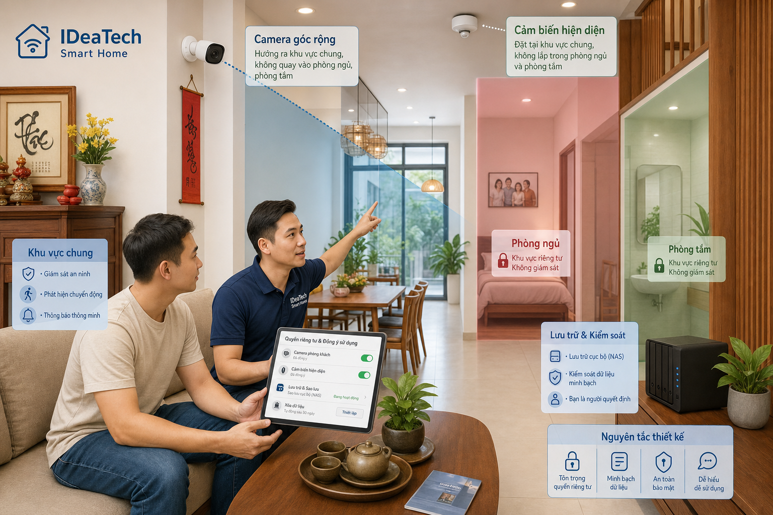 Kỹ thuật viên tư vấn vùng riêng tư camera cảm biến hiện diện và điều khiển dự phòng