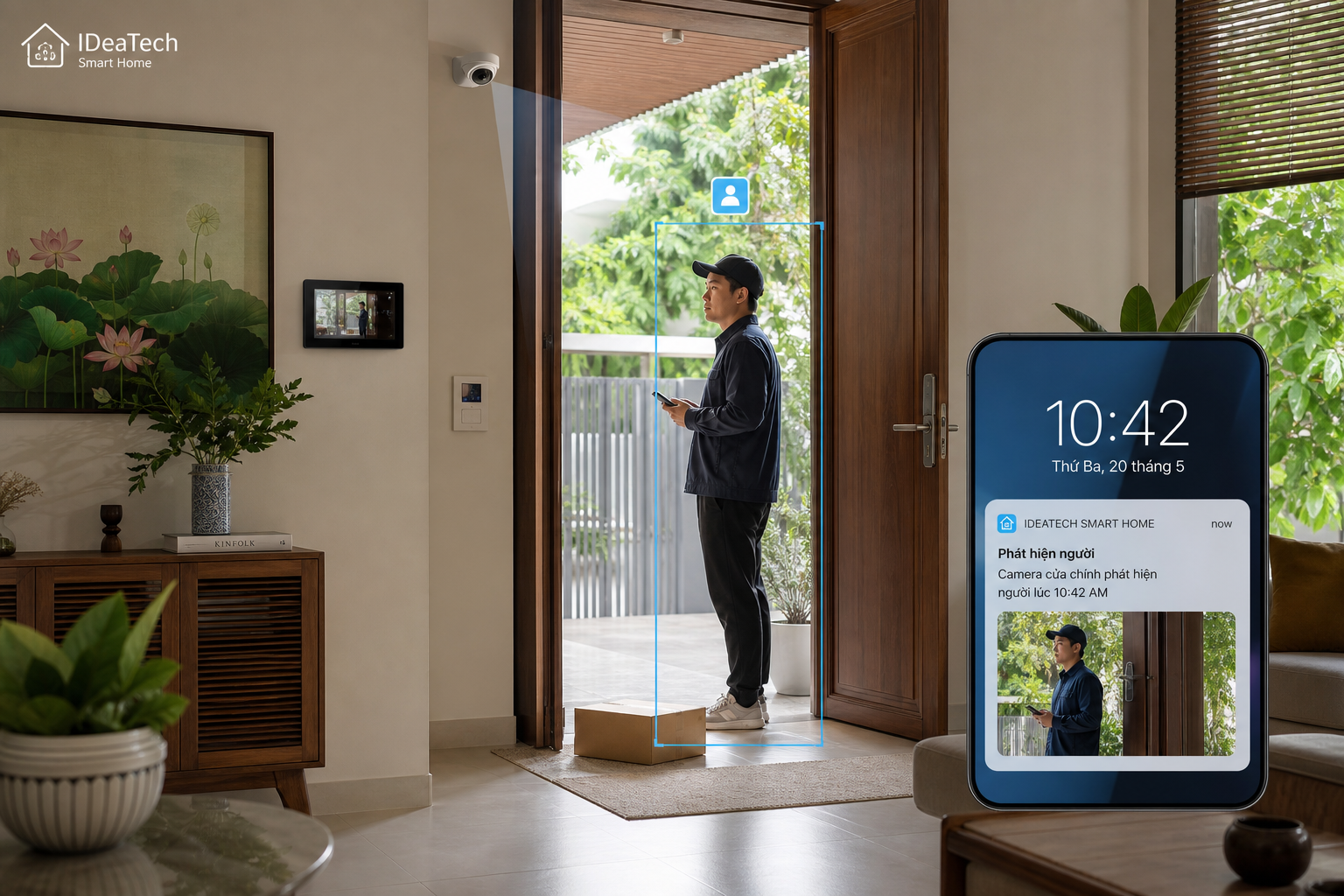 AI camera nhận diện khách đến cửa và bưu kiện trong khu vực lối vào