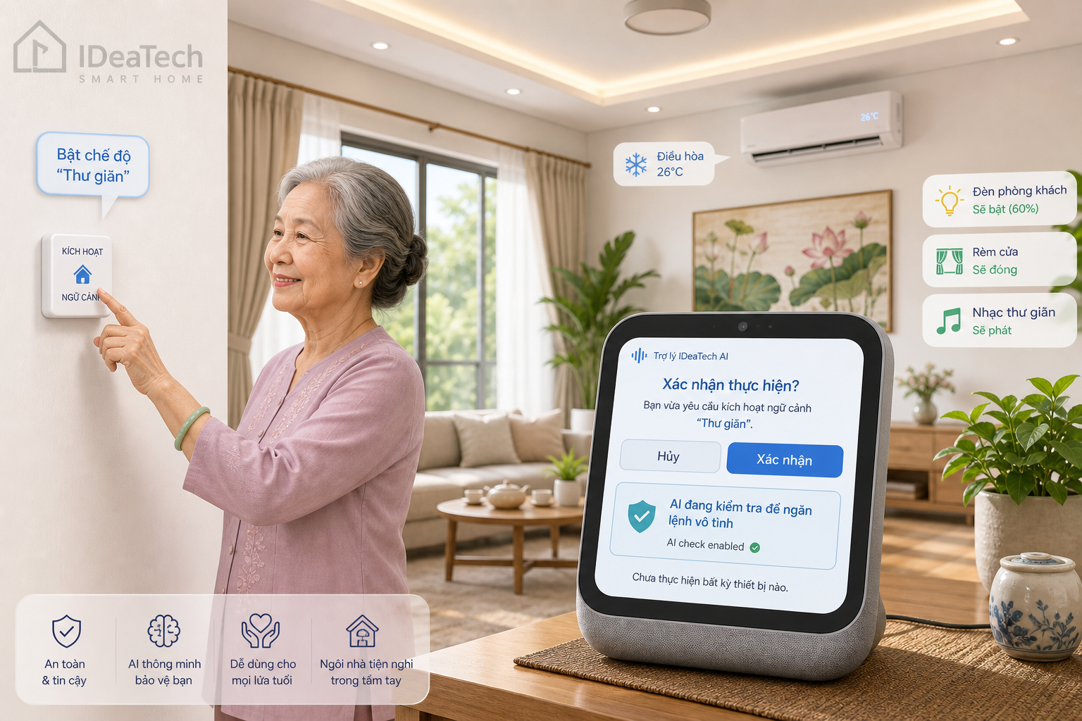 Người lớn tuổi dùng nút bấm đơn giản với màn hình xác nhận lệnh AI