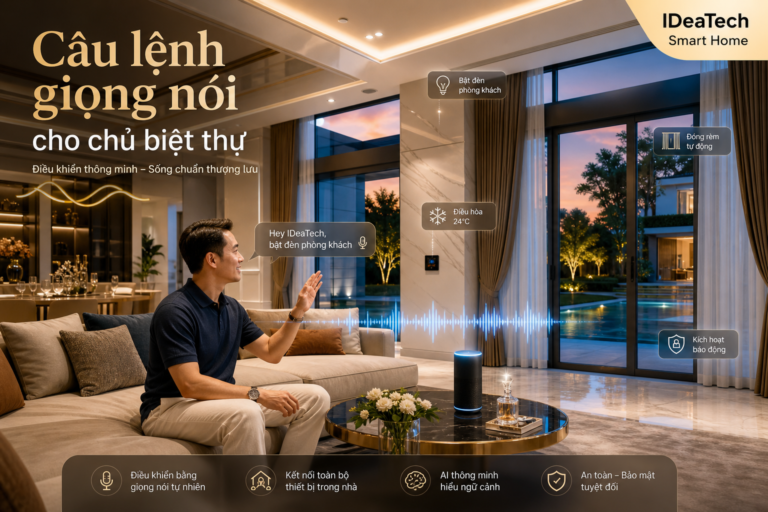 Gia chủ biệt thự dùng trợ lý ảo để điều khiển đèn, rèm và an ninh