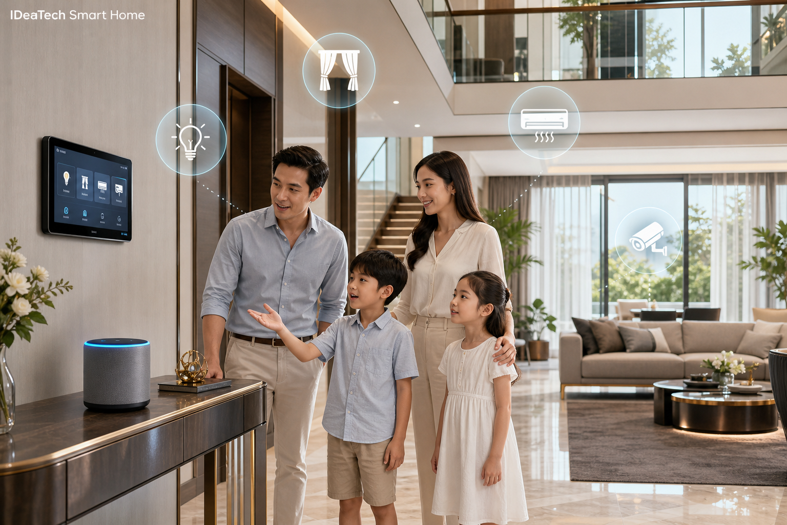 Gia đình thử câu lệnh giọng nói cho đèn, rèm, điều hòa và an ninh