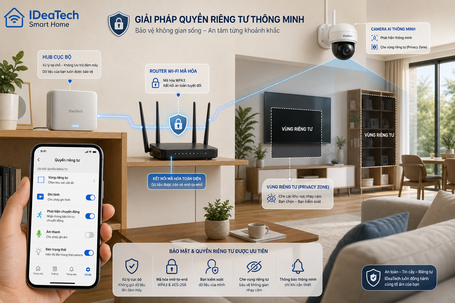 Điện thoại hiển thị vùng riêng tư cho AI camera và hub xử lý cục bộ