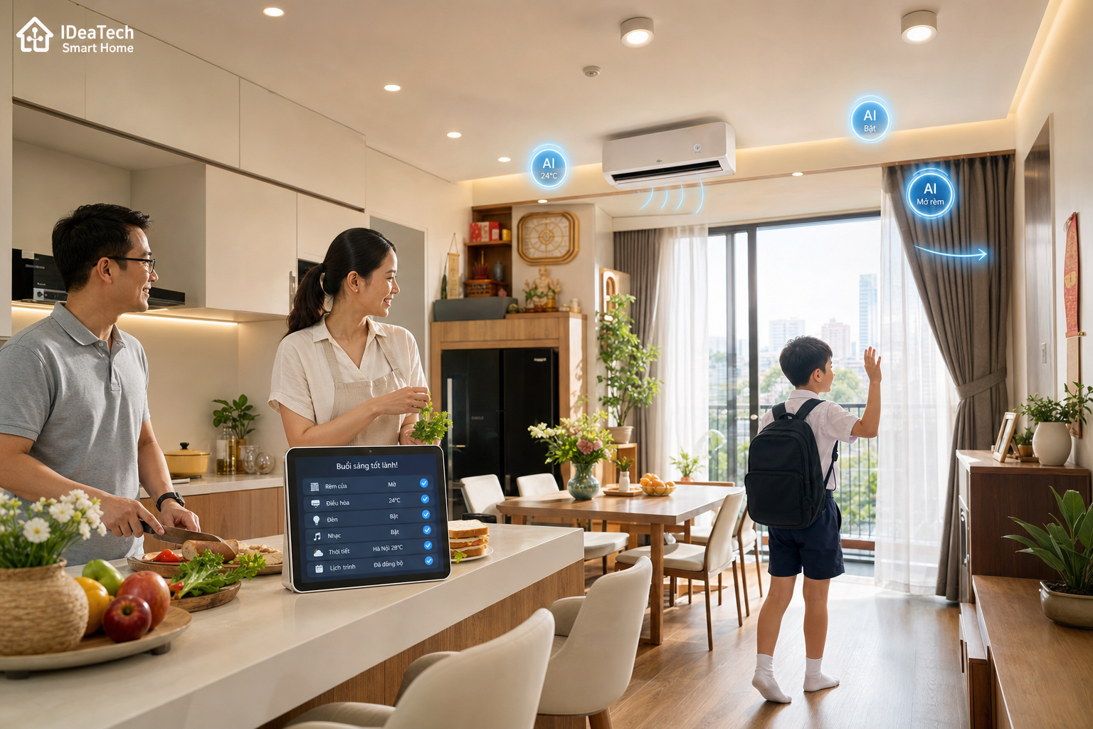 Kịch bản AI buổi sáng mở rèm, bật đèn, điều chỉnh điều hòa và nhắc lịch cho cả nhà