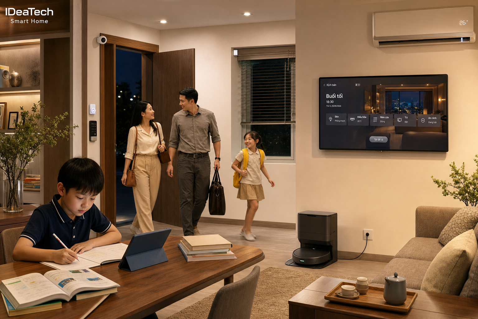 Kịch bản AI buổi tối chỉnh ánh sáng, an ninh, điều hòa và thiết bị sinh hoạt