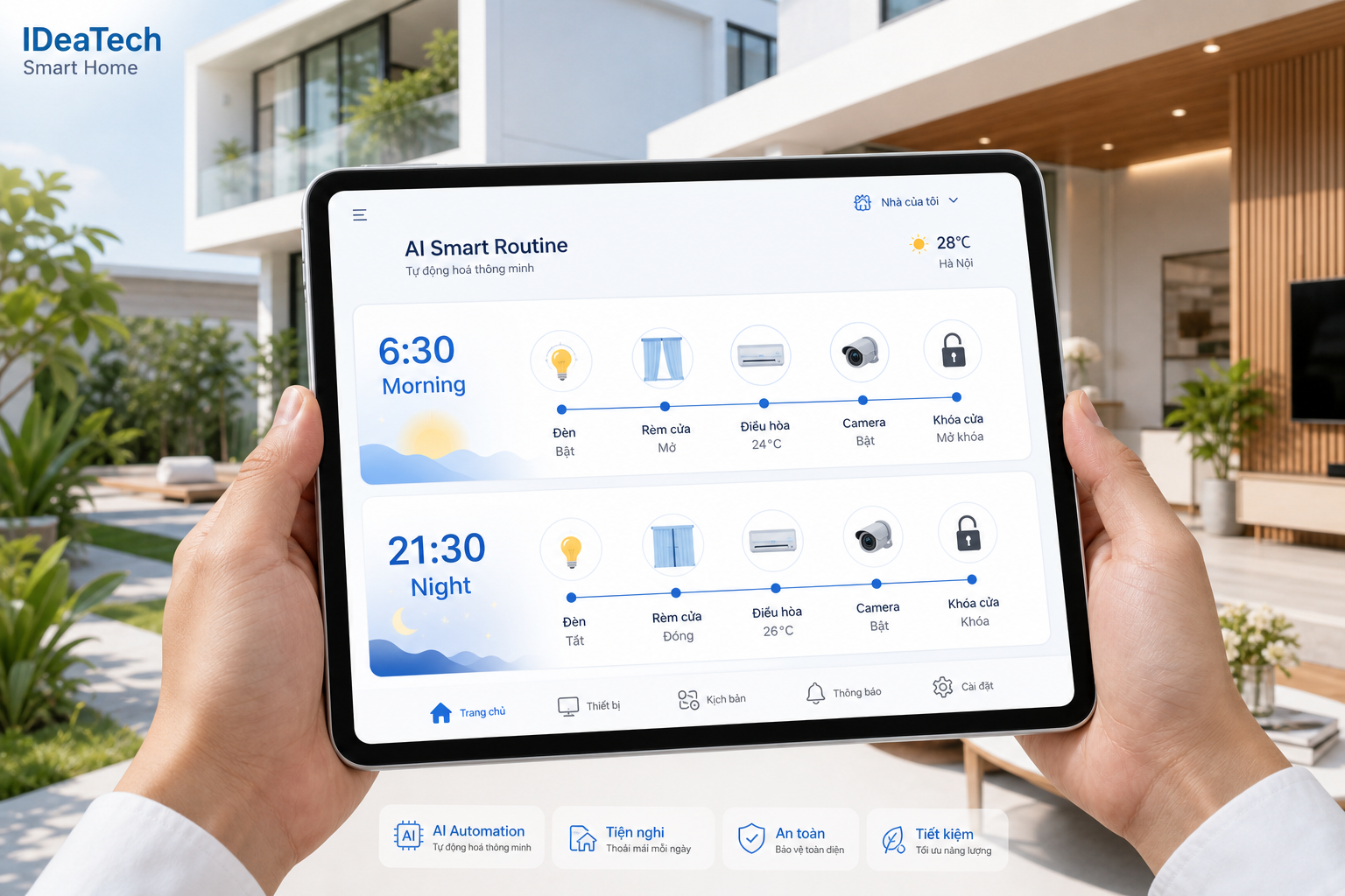Bảng điều khiển kịch bản AI smart home theo mốc thời gian sáng và tối