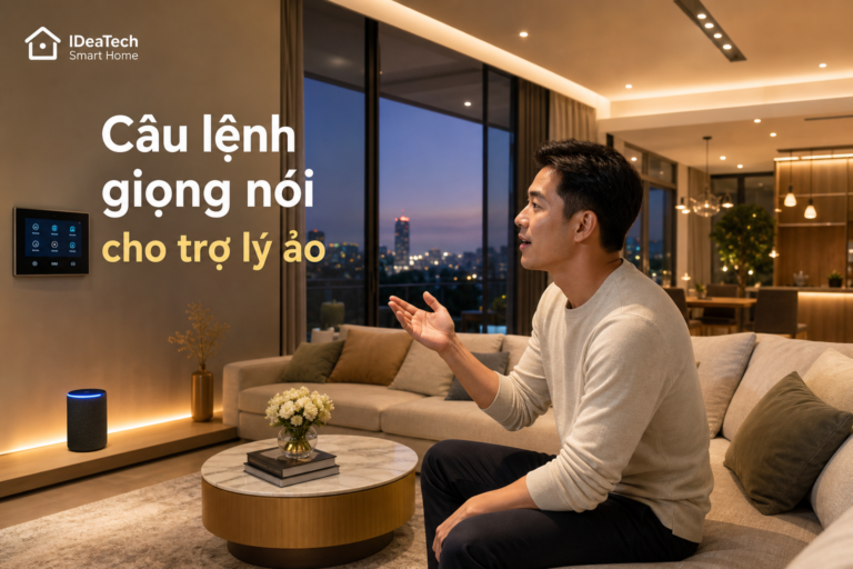 Chủ biệt thự dùng trợ lý ảo điều khiển ánh sáng trong phòng khách