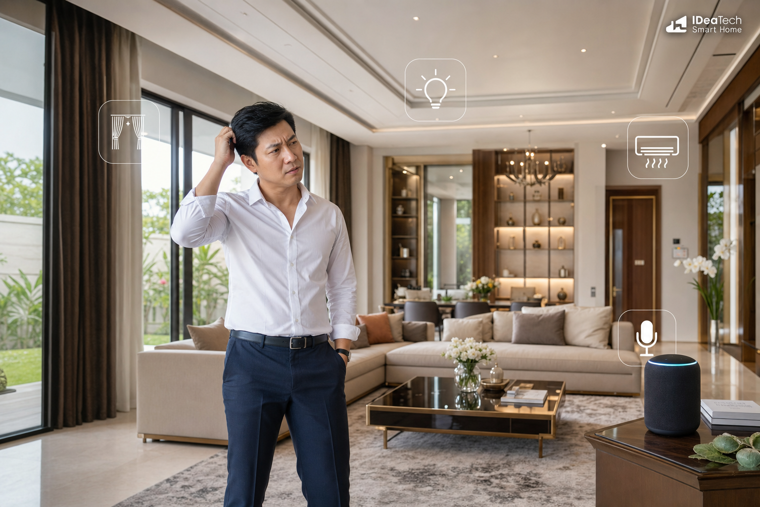 Gia chủ biệt thự phân vân trước nhiều lệnh đèn rèm điều hòa trên trợ lý ảo