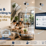 Nhà phố hiện đại với bảng điều khiển quyền riêng tư AI, hub trung tâm và biểu tượng bảo mật dữ liệu