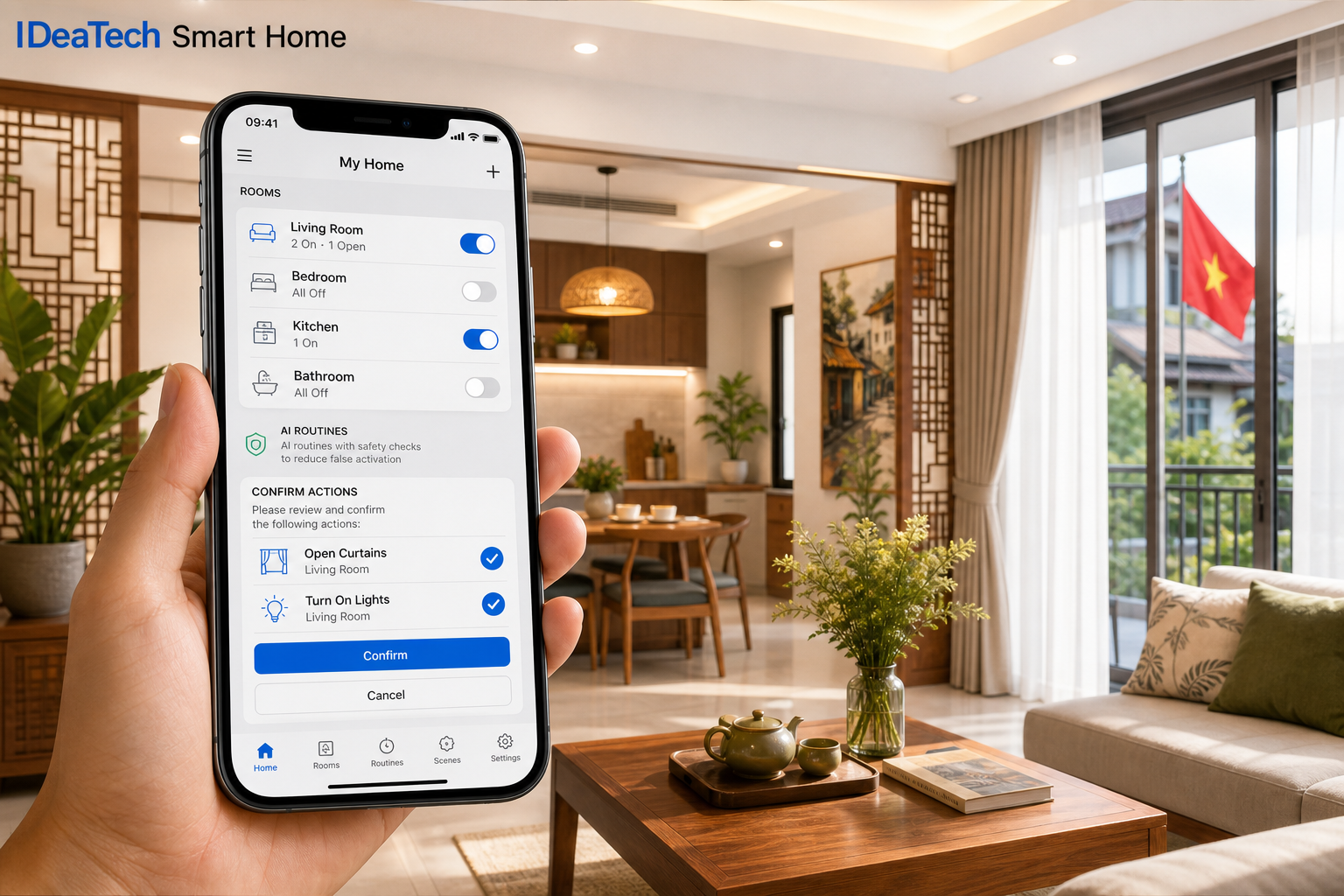 Ứng dụng nhà thông minh thiết lập xác nhận trước khi mở rèm hoặc bật thiết bị quan trọng