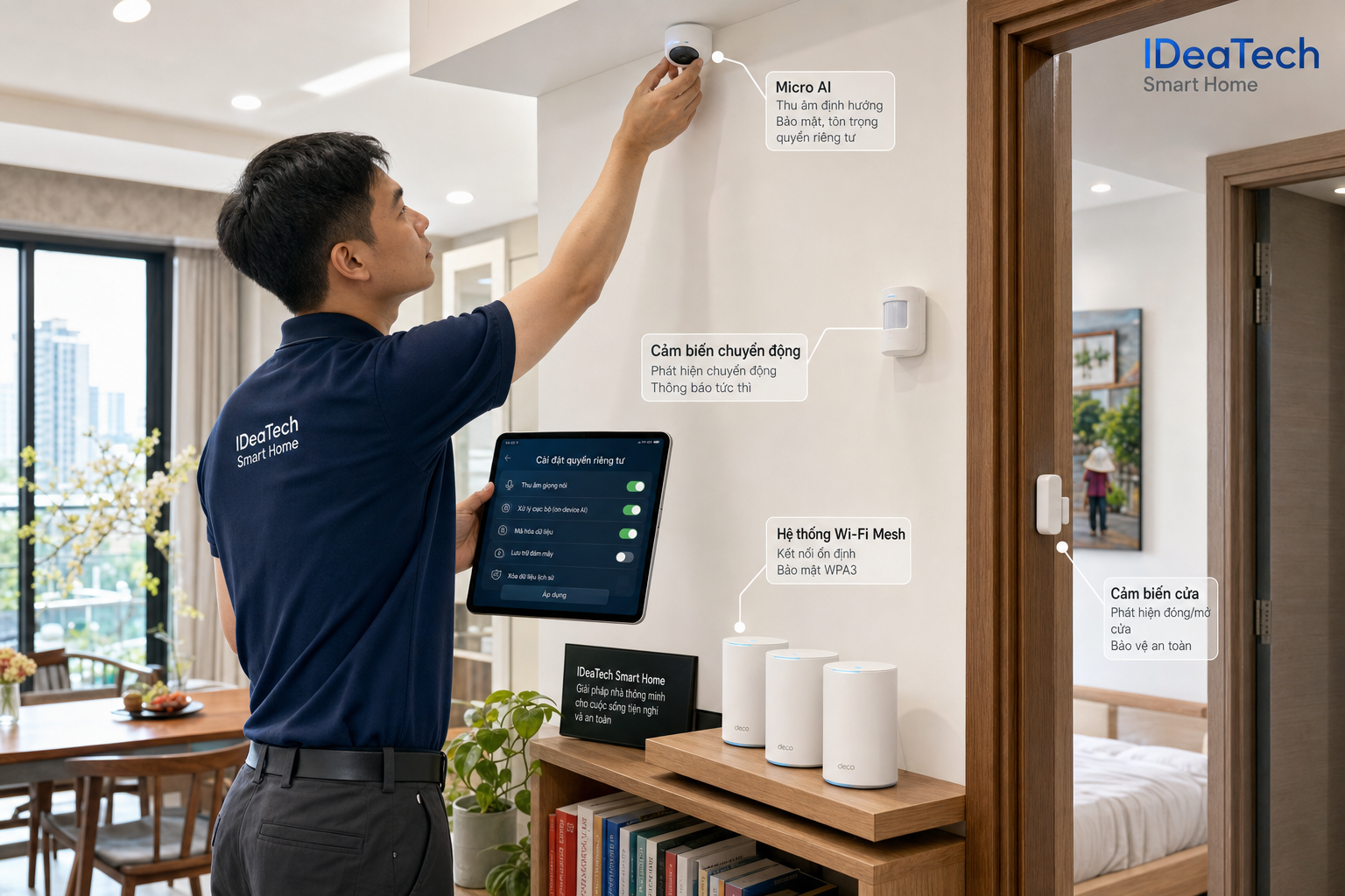Kỹ thuật viên cân chỉnh cảm biến, micro và mạng WiFi mesh trong căn hộ thông minh