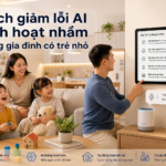 Gia đình có trẻ nhỏ kiểm tra quy tắc AI nhà thông minh trên bảng điều khiển trong phòng khách