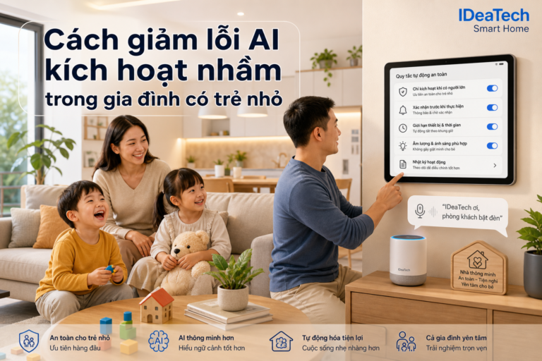 Gia đình có trẻ nhỏ kiểm tra quy tắc AI nhà thông minh trên bảng điều khiển trong phòng khách