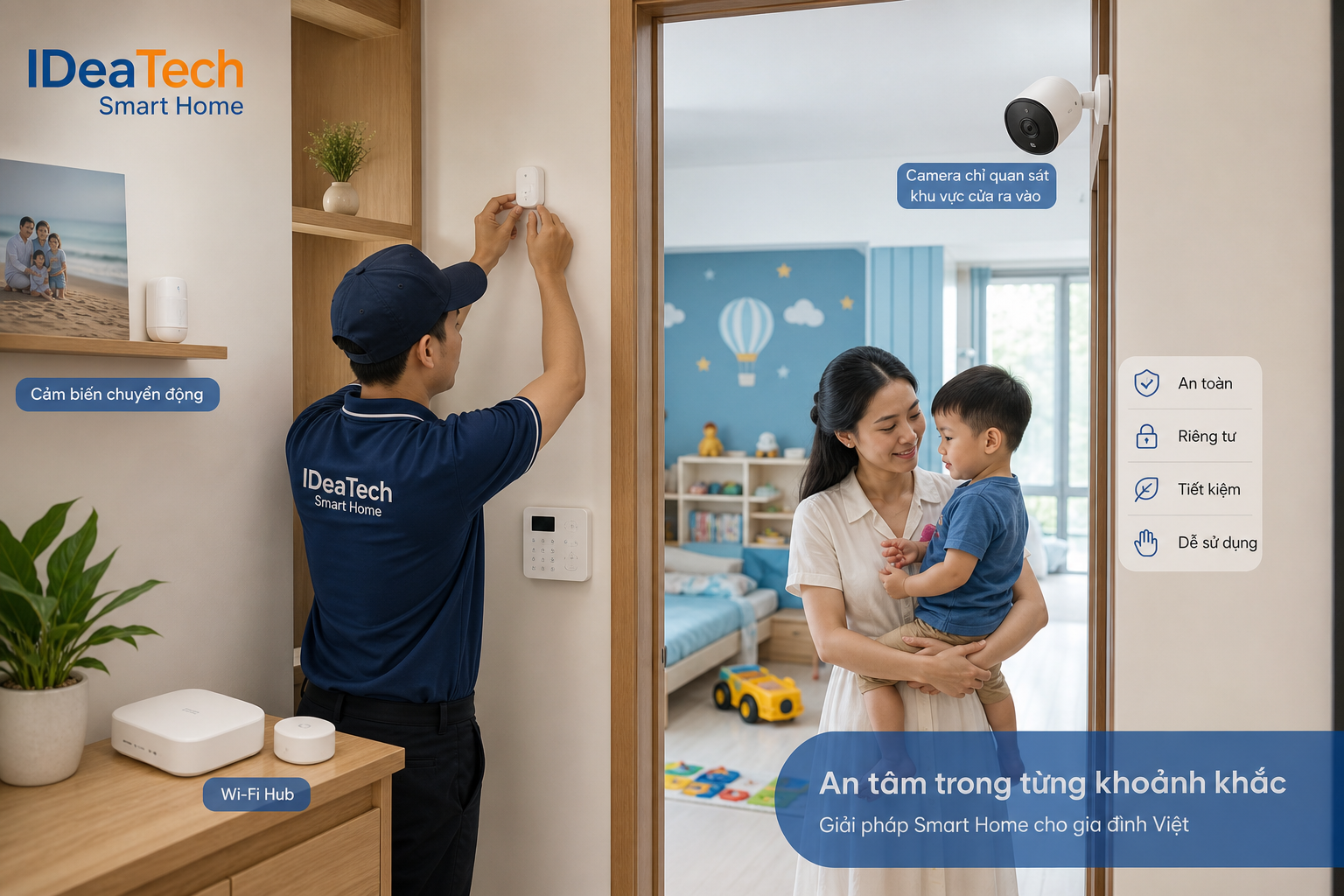 Kỹ thuật viên lắp cảm biến, camera hướng về lối vào và tránh khu vực riêng tư của trẻ