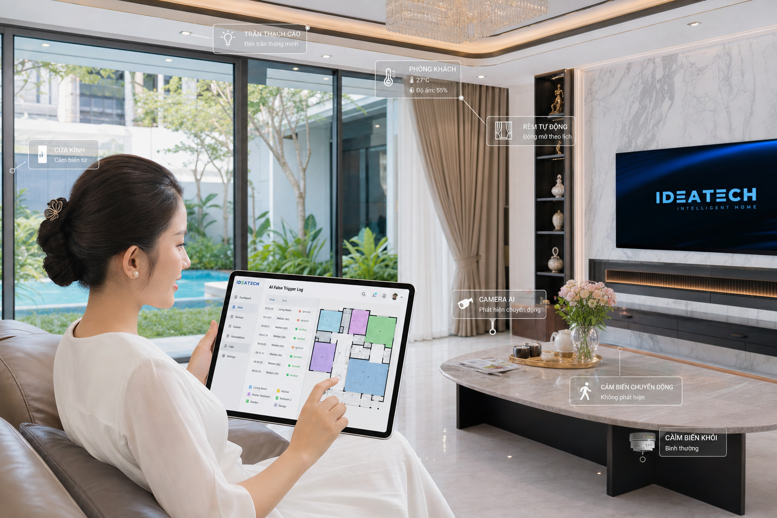 Chủ biệt thự xem nhật ký AI kích hoạt nhầm trên máy tính bảng trong phòng khách
