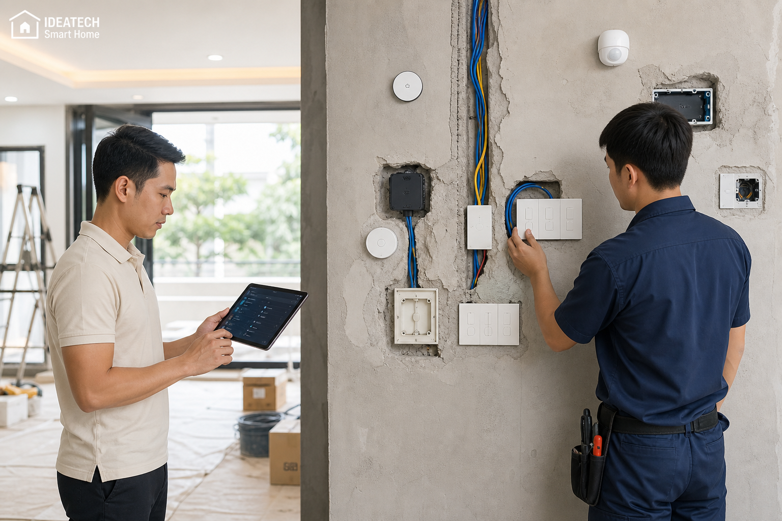 Gia chủ và thợ điện xem nhật ký tự động hóa AI trên máy tính bảng trong nhà đang sửa