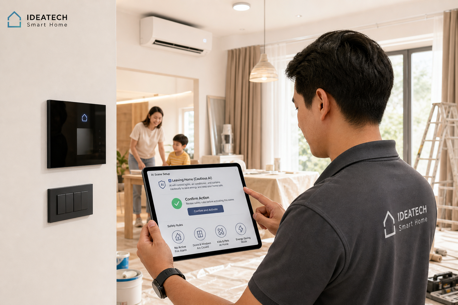 Kỹ thuật viên cấu hình AI cho đèn điều hòa rèm cửa với bước xác nhận trong nhà thông minh