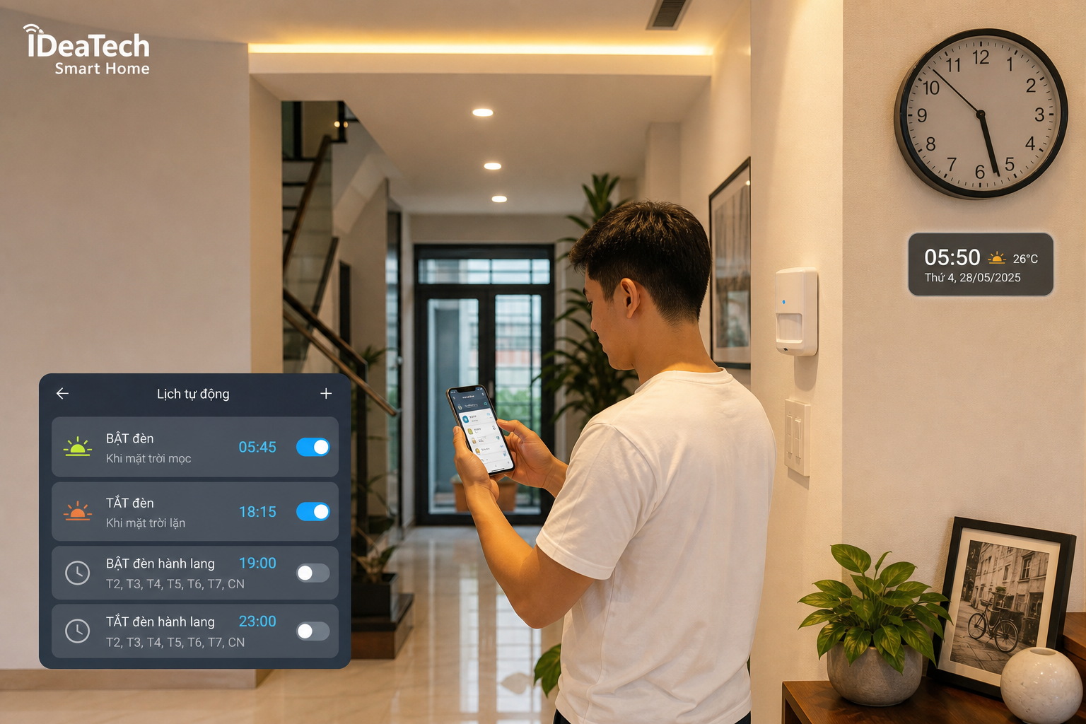 Chủ nhà phố kiểm tra lịch bật đèn thông minh trên điện thoại khi đèn hành lang sáng sai giờ