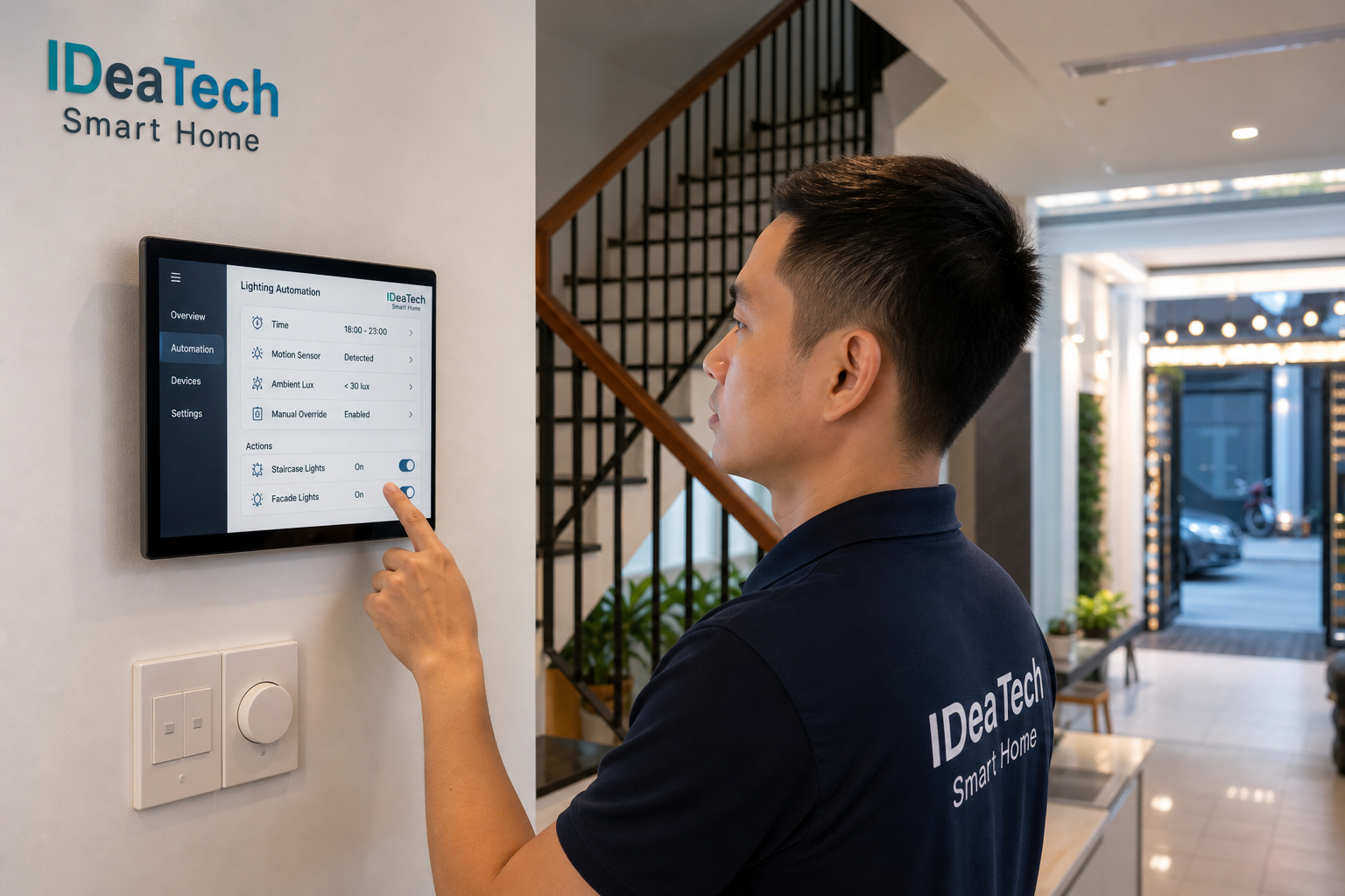 Kỹ thuật viên cấu hình thời gian cảm biến hiện diện độ sáng và quyền ưu tiên thủ công cho đèn nhà phố