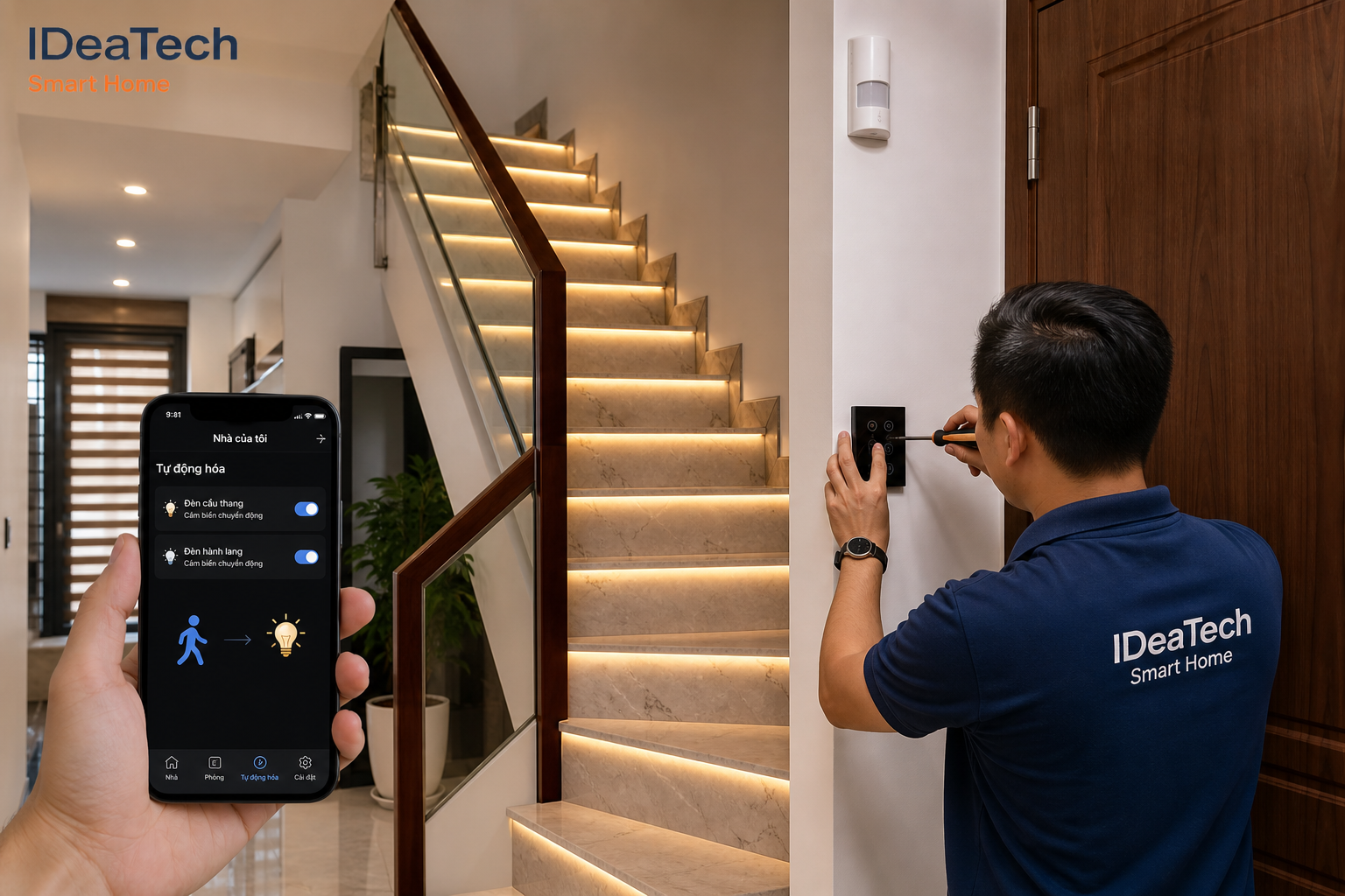 Kỹ thuật viên lắp cảm biến chuyển động công tắc thông minh và cấu hình đèn cầu thang