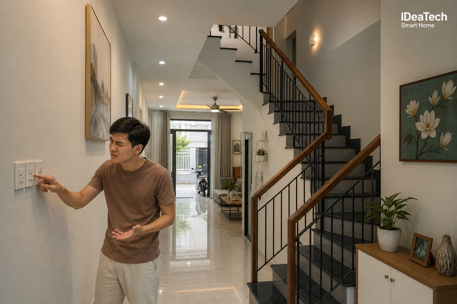Người dùng di chuyển trong hành lang và cầu thang có vùng tối vùng sáng không hợp lý
