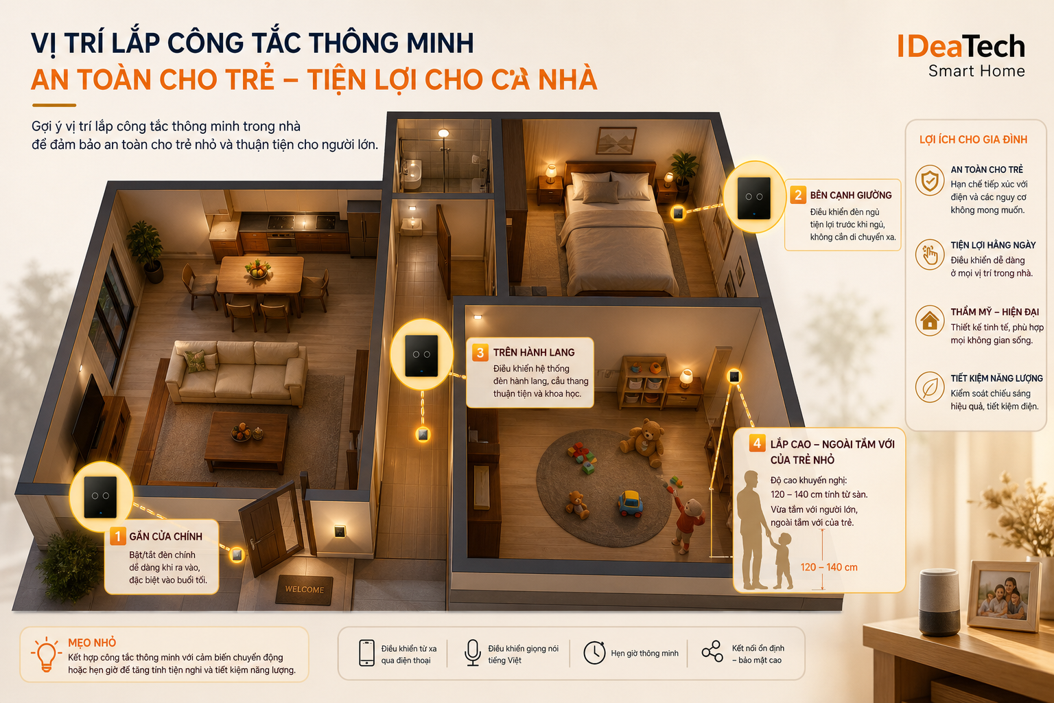 Sơ đồ vị trí công tắc thông minh trong nhà có trẻ nhỏ