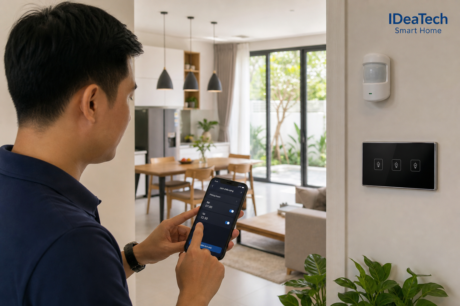 Gia chủ kiểm tra lịch tự động và cảm biến đèn thông minh