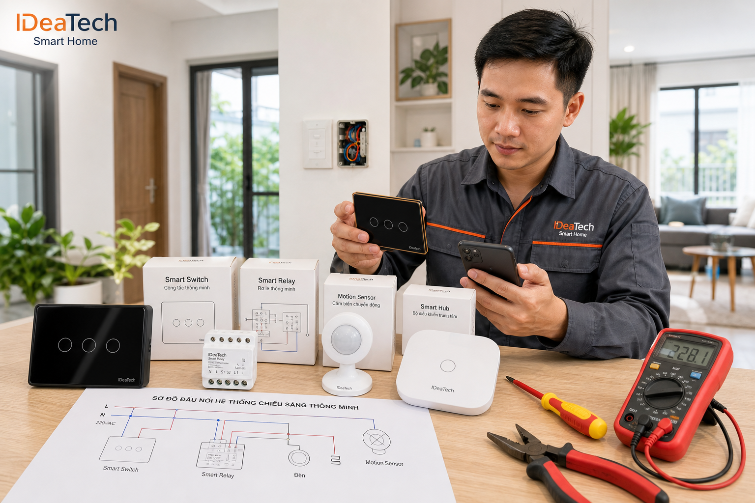Thiết bị công tắc cảm biến và hub cho hệ thống chiếu sáng thông minh