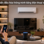 Phòng khách hiện đại với điều hòa thông minh được điều khiển bằng điện thoại và giọng nói