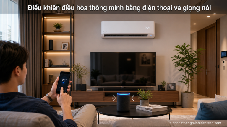 Phòng khách hiện đại với điều hòa thông minh được điều khiển bằng điện thoại và giọng nói