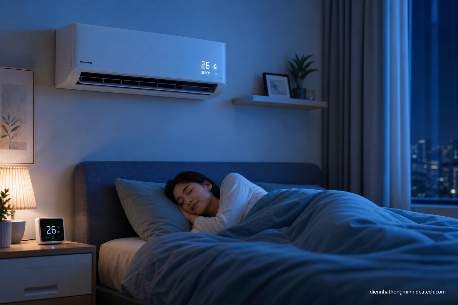 Phòng ngủ với cảm biến nhiệt độ thông minh và điều hòa chế độ ngủ 26 độ C
