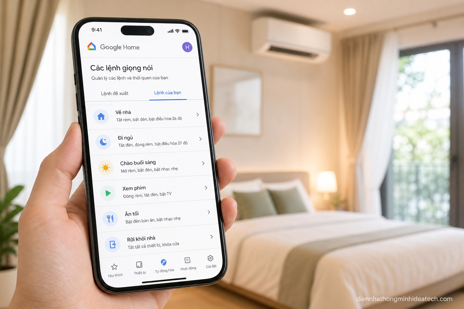 Điện thoại hiển thị app Google Home với danh sách routine giọng nói tiếng Việt cho homestay