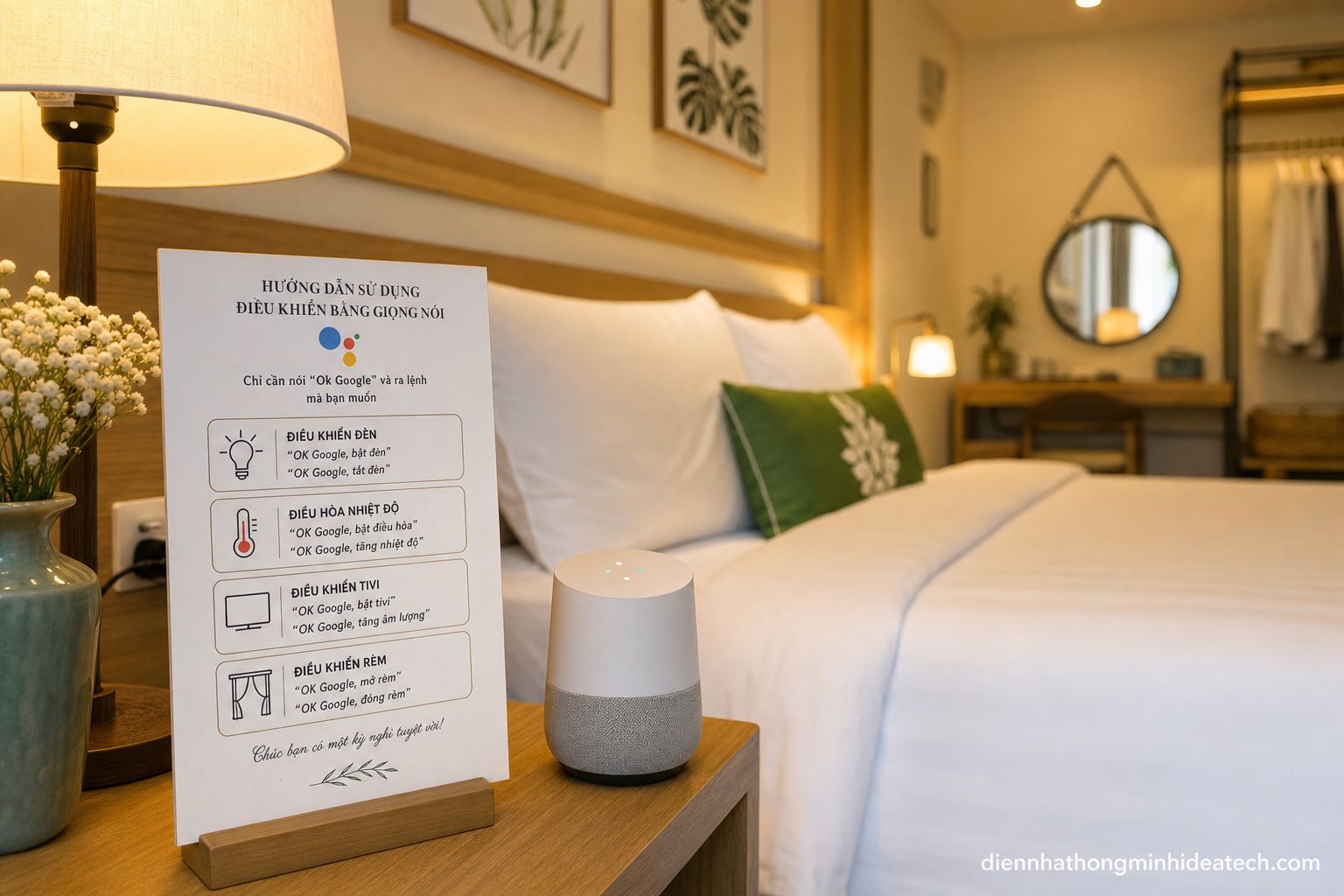 Card in sẵn câu lệnh giọng nói tiếng Việt đặt trên bàn đầu giường phòng homestay