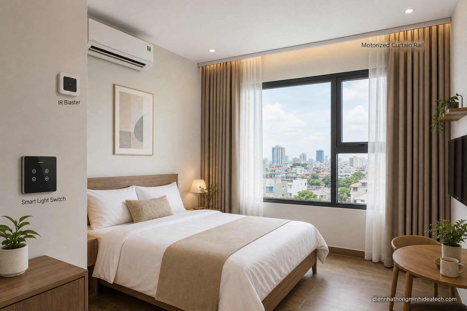 IR blaster, công tắc thông minh và rèm tự động lắp đặt trong phòng homestay cho thuê