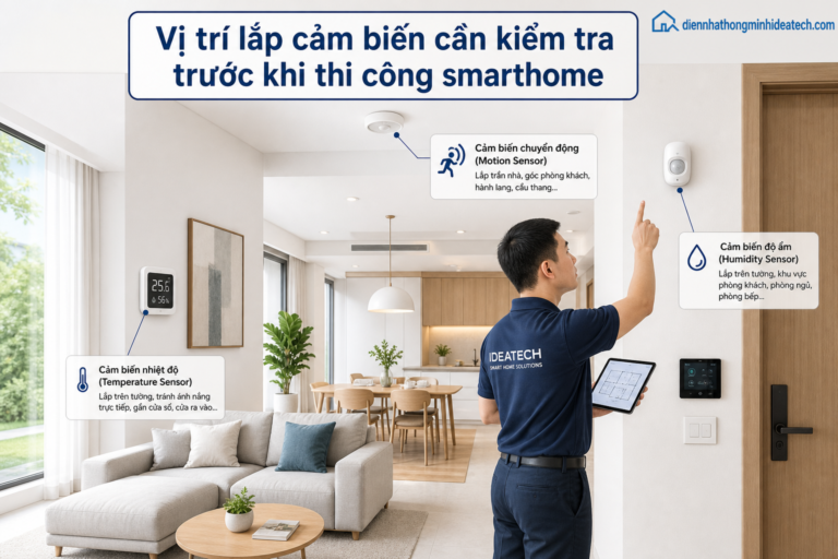 Minh họa vị trí lắp cảm biến nhiệt độ, độ ẩm, chuyển động trong nhà thông minh