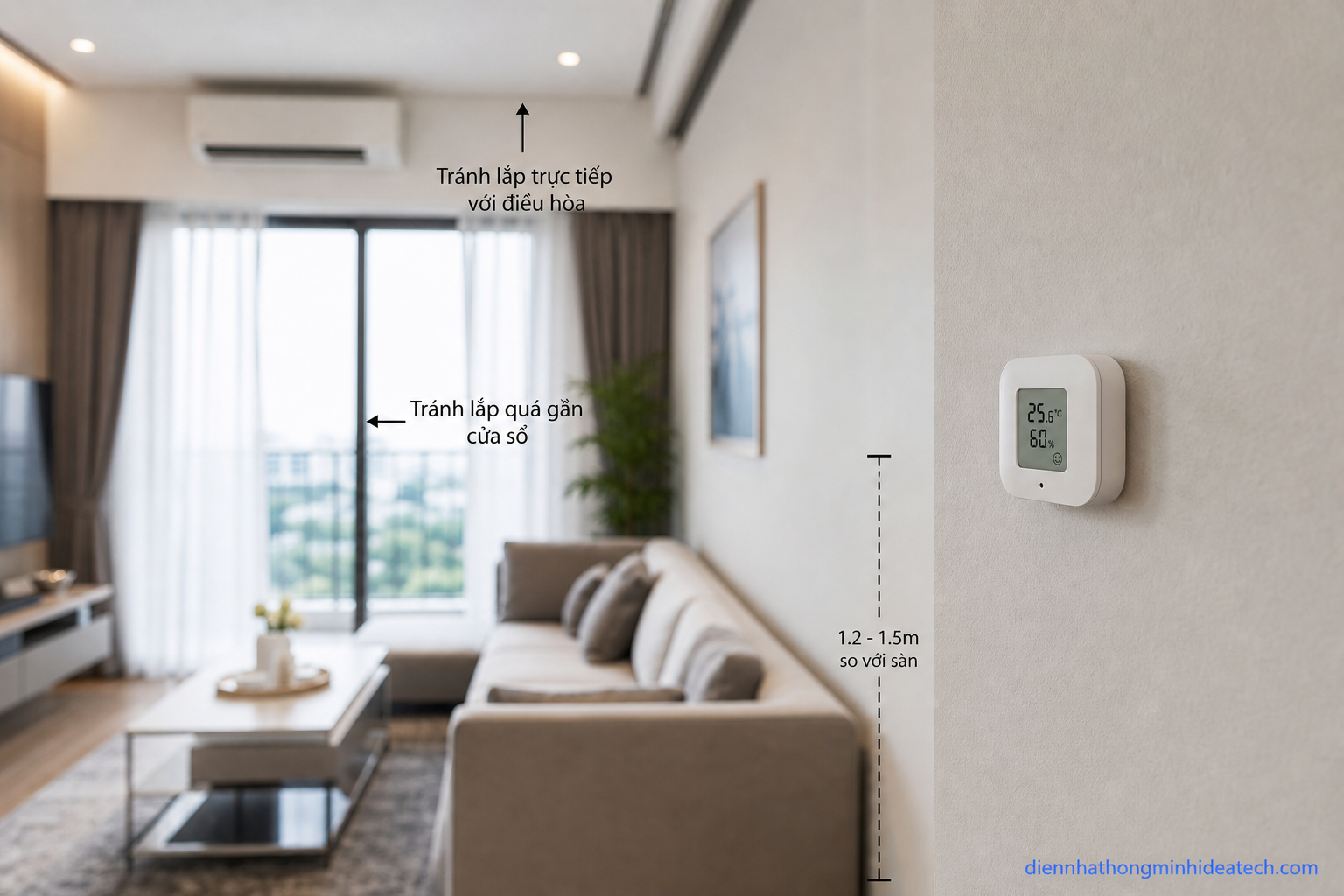 Cảm biến nhiệt độ độ ẩm gắn tường phòng khách ở độ cao 1.2-1.5m