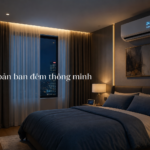 Phòng ngủ nhà thông minh vào ban đêm với kịch bản tự động điều hòa và rèm cửa
