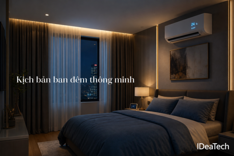 Phòng ngủ nhà thông minh vào ban đêm với kịch bản tự động điều hòa và rèm cửa