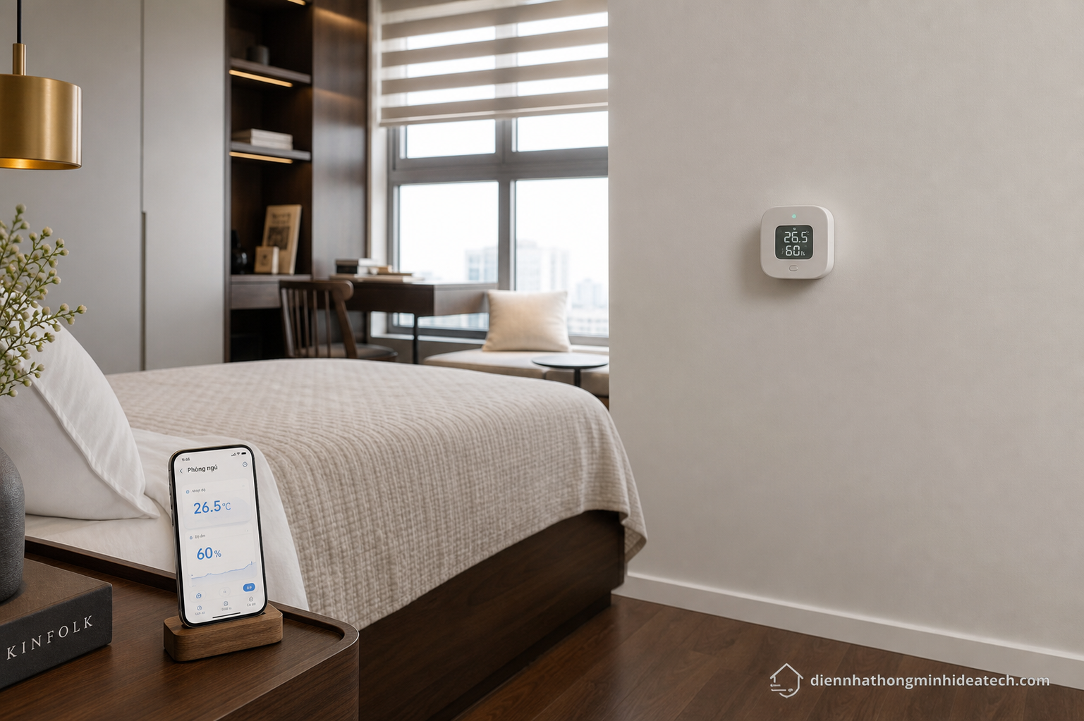 Cảm biến nhiệt độ gắn tường trung tâm phòng ngủ kết nối app điện thoại