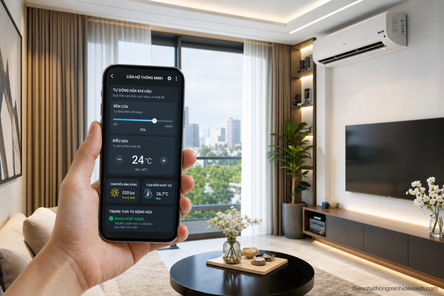 Dashboard điện thoại điều khiển rèm và điều hòa tự động theo cảm biến nhiệt độ ánh sáng