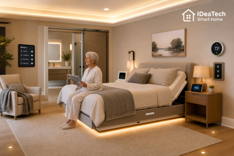 Phòng ngủ thông minh với đèn, cảm biến và thiết bị an toàn cho người lớn tuổi