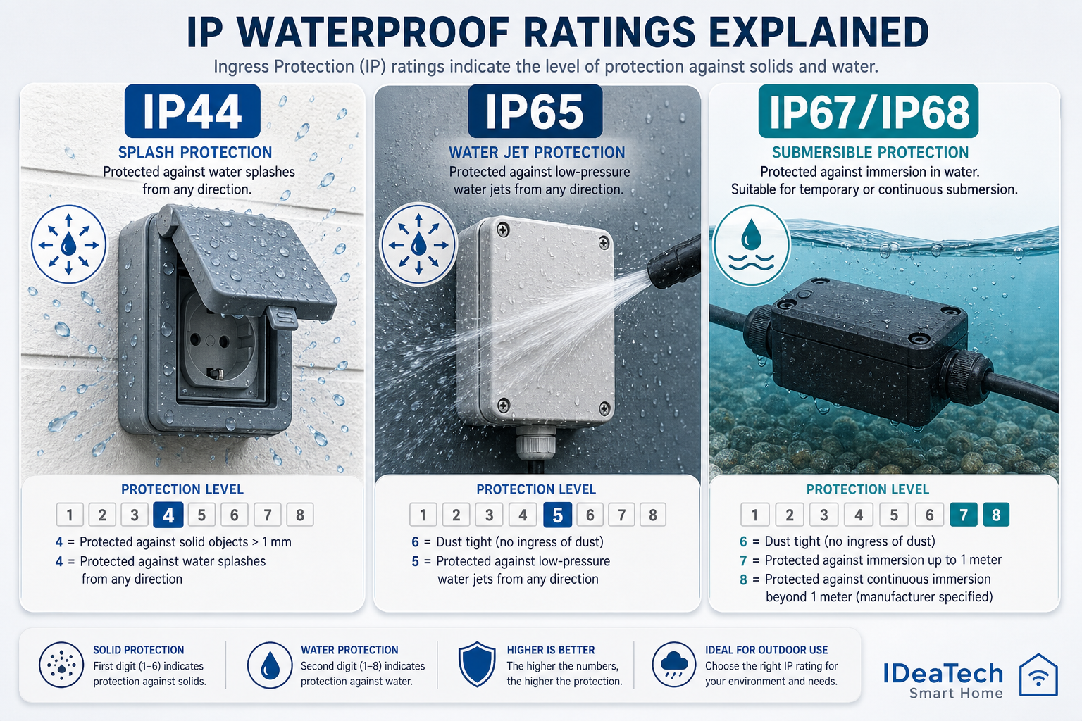 Chuẩn IP chống nước IP44 IP65 IP67 IP68 cho thiết bị ngoài trời